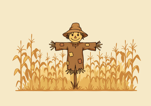 Cartoon scarecrow guarding the cornfield. Could be used for seasonal projects