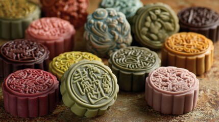 Fototapeta premium Colorful Elegant Mooncakes on a Rustic Table for Celebration