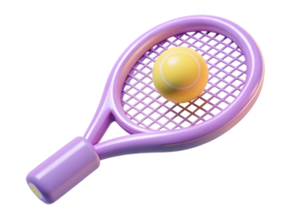 Lilac tennis racket with a yellow ball playful sports equipment rendering games practice recreation activity 3d illustration isolated on transparent background