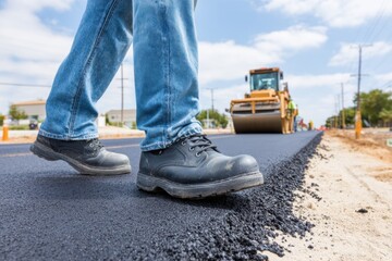 Worker walks on a freshly paved road, heavy machinery works in background.