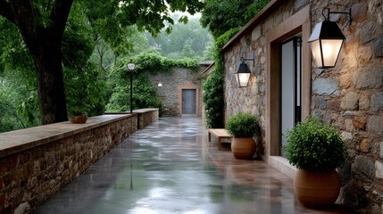 Stone path in a garden, wet concrete, rain, green trees, rustic walls