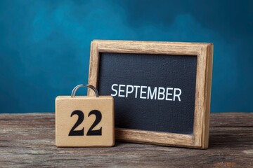 Wooden blocks show 22 and a sign says September on a wooden surface against a blue backdrop