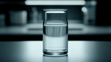 Clear glass filled with water stands on smooth surface with blurred background, creating calm and minimalistic atmosphere
