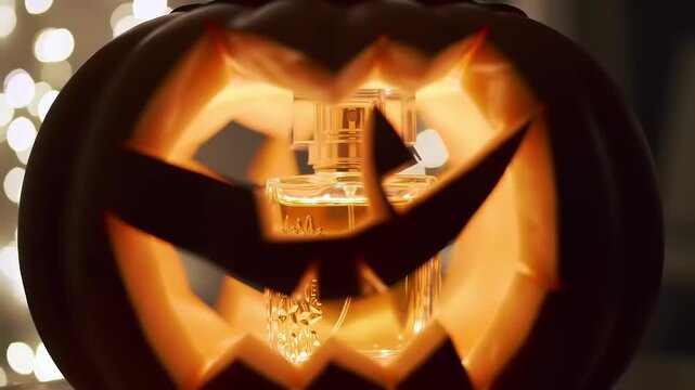 Carved pumpkin with glowing bottle