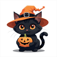 Vector art of cute cartoon black cat with witch hat and pumpkin