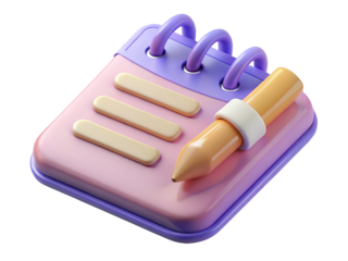 Notepad and pencil illustration glossy style note taking concept school supplies organizer cute design writing and planning 3d illustration isolated on transparent background