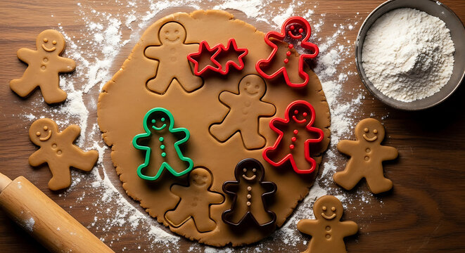 Making festive gingerbread man cookies with colorful plastic cutters on rolledout dough dusted with flour.