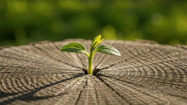 A young sprout emerges from the center of a weathered tree stump against a soft green background