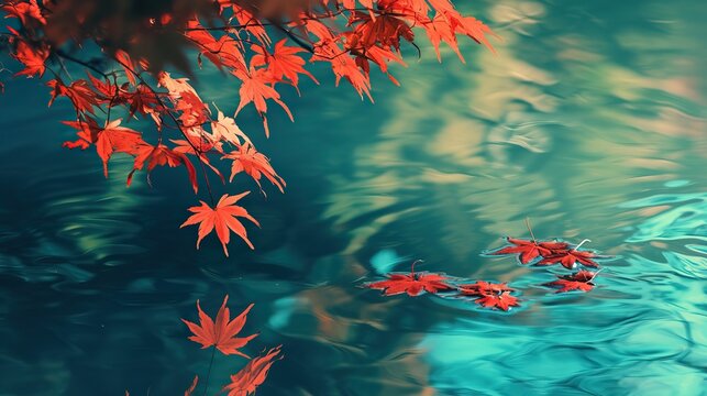 Red maple leaves float on the water, green reflection in the background, natural scenery in green and blue tones, fresh atmosphere, high-definition natural lighting, clear details, vivid red contrast.