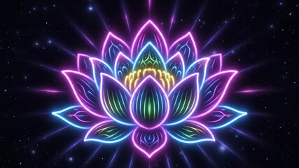 Neon Lotus Mandala in Cosmic Space - A vibrant neon lotus flower mandala rotates slowly against a dark cosmic background speckled with stars and light rays. - Powered by Adobe