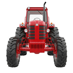Front view of a red tractor isolated on transparent background, ready for work