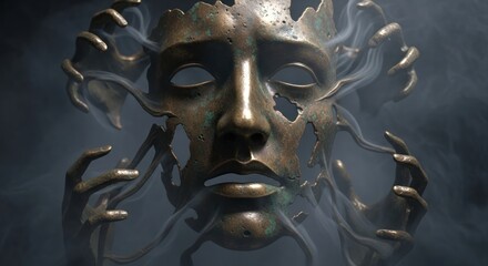 Stone carvings of a bronze lion and masked religious portraits sit among ancient Asian art