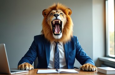 Lion wearing business suit sits at office desk, roaring loudly. Animal boss with mane and big cat face, works on laptop. Creative concept shows wild king in corporate workplace, powerful predator.