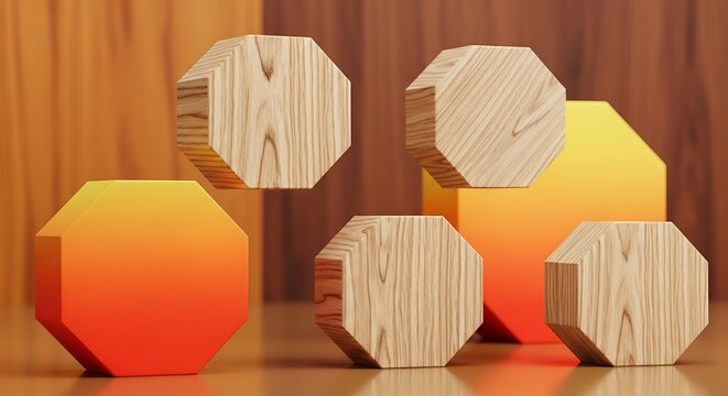 Group of octagonal shapes with wood texture and gradient colors against a wooden background