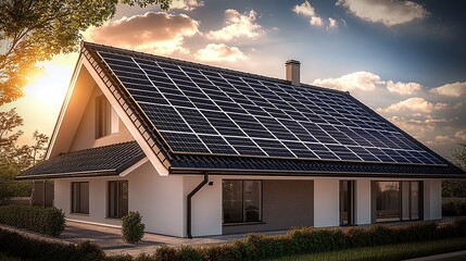 Fototapeta premium A modern house with a solar panel roof at sunset.