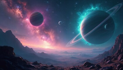 Vibrant panorama of alien planet landscape under star-studded sky. Majestic ringed planet, distant nebulae glow with pink, cyan light. Rocky mountains, valleys create otherworldly terrain, suggesting