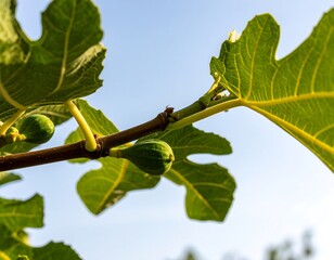 Fototapeta premium A close-up shot of a fig branch with unripe figs and leaves against the sky