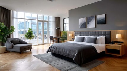 Modern hotel bedroom with city view (1)