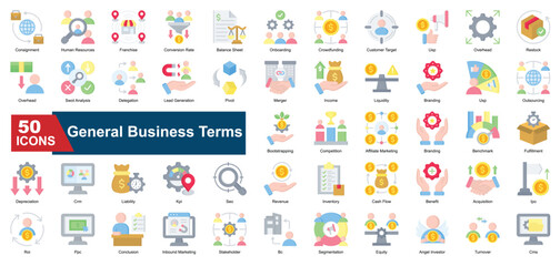 A collection of  General Business icons. Includes revenue, crm, segmentation, inventory, pivot, roi, and more. Suitable for reports, infographics, and web use.
