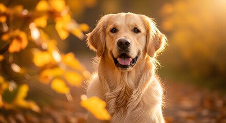 Golden retriever portrait basking in warm autumn light, perfect for pet lovers now
