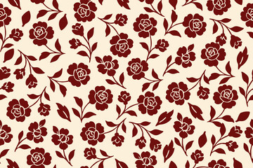 Seamless floral pattern with deep red flower silhouettes and leaves on a soft beige background, ideal for elegant fabric, wallpaper, and classic vintage designs.
