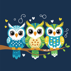 Fototapeta premium Cute Colorful Cartoon Owls on Branch with Hearts