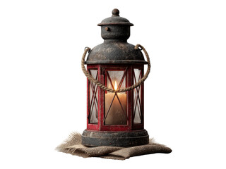 Rustic lantern with candlelight on burlap cozy indoor environment decorative home accent