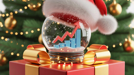 Christmas Investment Growth Concept with Snow Globe Santa Hat and Upward Trending Chart on Gift Box Holiday Season Financial Success and Festive Atmosphere