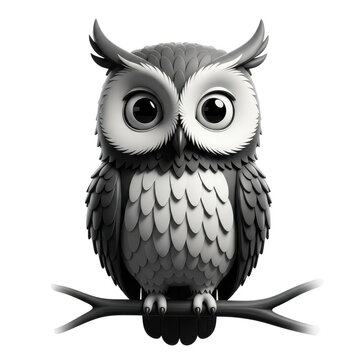 3d cartoon owl perched on branch isolated on transparent background