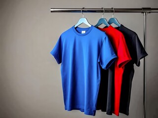 Three plain-colored T-shirts are neatly hung in the window of a luxury store.