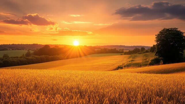 Golden wheat field at sunset with tree and cloudy sky view