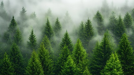 Fototapeta premium Aerial View of Mist - Shrouded Pine Forest 