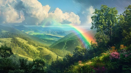 A vibrant rainbow arches over lush green hills and forests under a cloudy sky after a refreshing rain