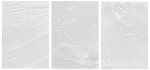 Triptych of abstract wrinkled, transparent plastic film art. Perfect for presentations, design projects, or digital backgrounds needing a contemporary touch.