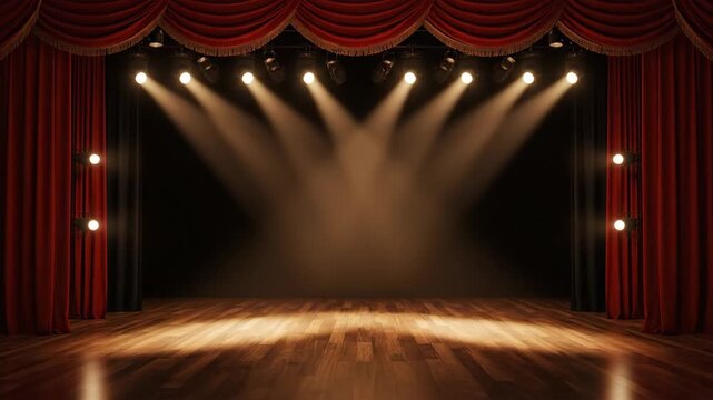 Illuminated Stage with Red Curtains - An empty stage with red velvet curtains is illuminated by multiple spotlights, creating a dramatic and atmospheric scene.