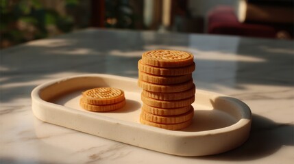 Stack of Golden Cookies on a Minimalist Plate in Soft Lighting