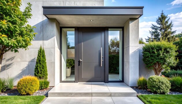 A modern glass front door with sleek metal frame set in a minimalist concrete house exterior