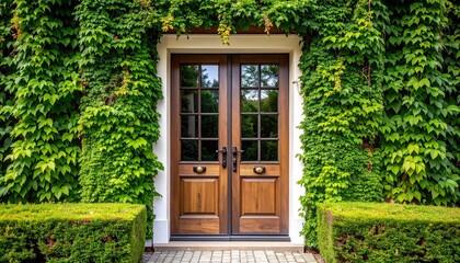 A double French style front door with glass panels framed by climbing ivy
