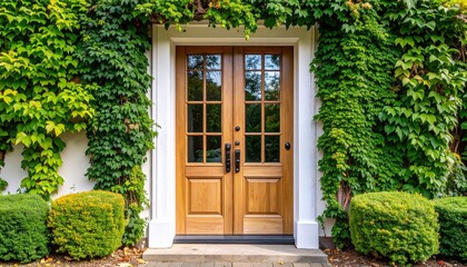 A double French style front door with glass panels framed by climbing ivy

