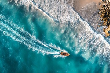 Aerial view on the sea and boat. Beautiful natural seascape at the summer time