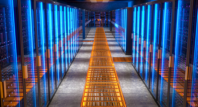 Server room is illuminated  blue orange lights 3d