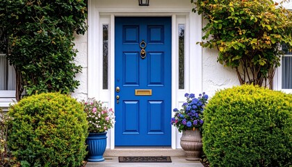 A bold blue front door with mail slot and house number mounted above it
