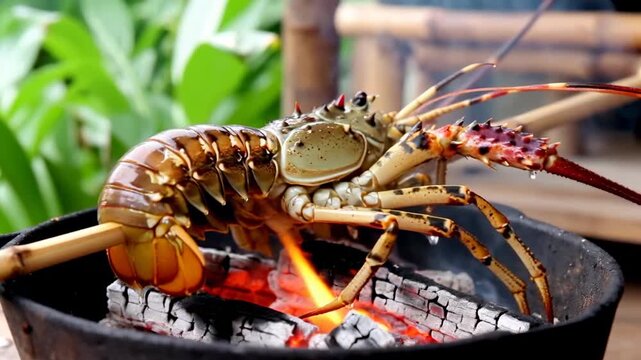 Spiny lobster cooking on charcoal grill with bamboo skewers