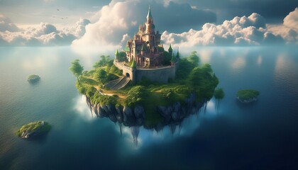 floating castle island fantasy architecture cloudy sky aerial view mystical ambiance