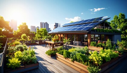 Fototapeta premium A serene eco-friendly rooftop garden with lush greenery, solar panels, and wooden planters under clear skies, captured in crisp natural lighting