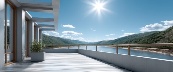 Modern balcony overlooking a serene lake and mountains. Sunny day