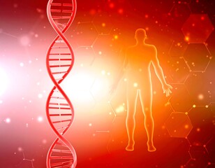 Abstract depiction of a human silhouette and dna spiral on an orange background