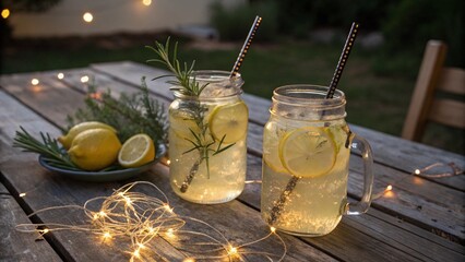 Sparkler in Blue Mason Jar with Lemon and Rosemary on Wooden Table.