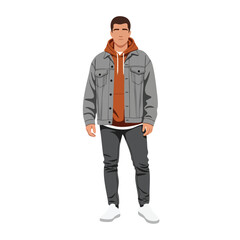 Obraz premium Full-length illustration of a man in a grey denim jacket over an orange hoodie.