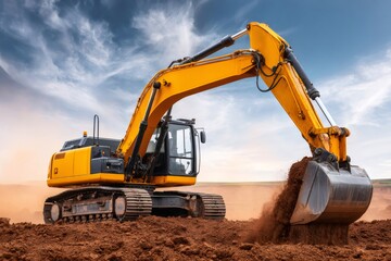Excavator moving earth on construction site under cloudy sky